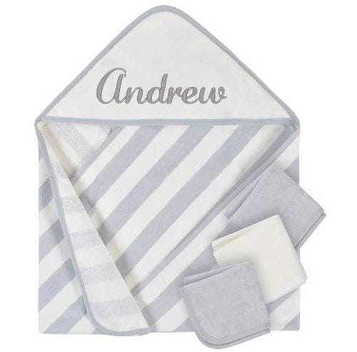Embroidered 4-Piece Neutral Striped Gray Hooded Towel & Washcloths Set-Gerber Childrenswear