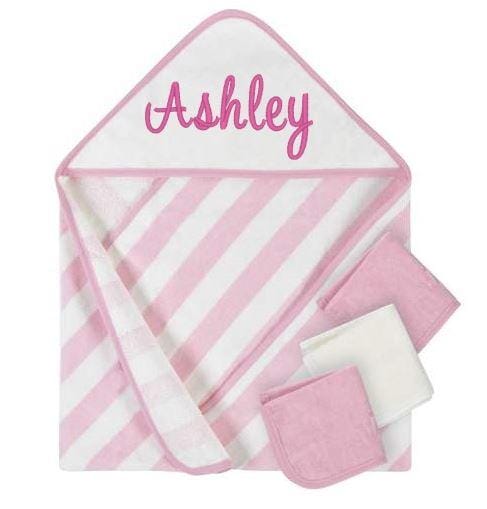 Embroidered 4-Piece Girls Striped Pink Hooded Towel & Washcloths Set-Gerber Childrenswear