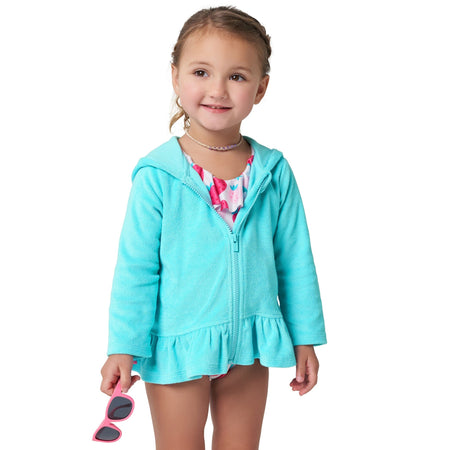 Baby & Toddler Girls Aqua Hooded Zip Front Terry Swim Coverup