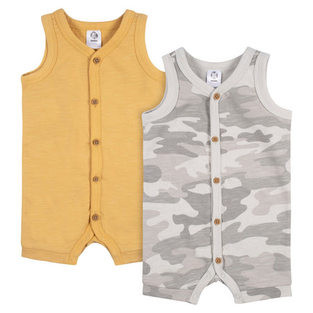 2-Pack Baby Boys Camo & Yellow Short Leg Sleeveless Romper, 0-3M