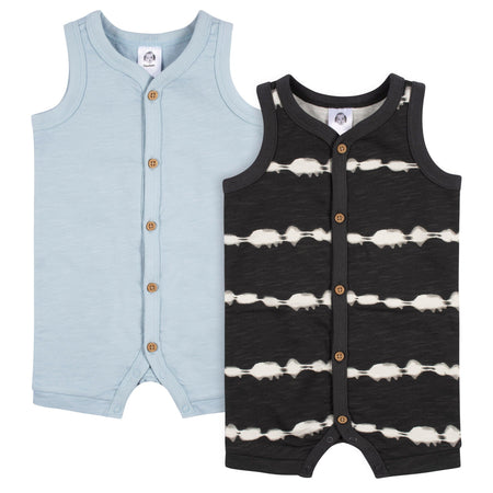 2-Pack Baby Boys Dark Gray Tie Dye & Blue Heather Short Leg Sleeveless Romper, 0-3M