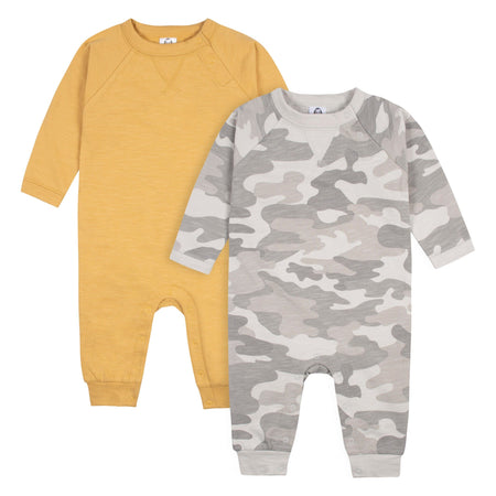 2-Pack Baby Boys Gray Camo & Yellow Raglan Sleeve Romper, 0-3M