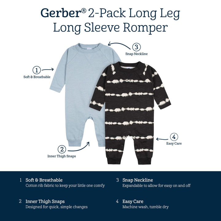 2-Pack Baby Boys Dark Gray Tie Dye & Blue Raglan Sleeve Romper