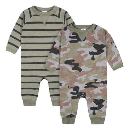 2-Pack Baby Boys Green Camo & Striped Raglan Sleeve Romper, 0-3M