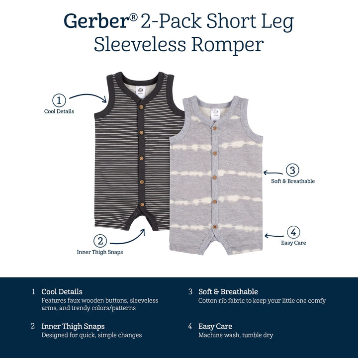 2-Pack Baby Boys Heather Gray Tie Dye & Striped Short Leg Sleeveless Romper