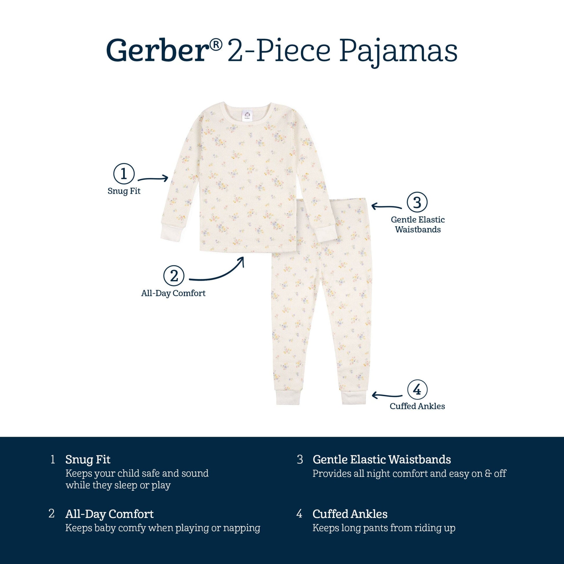 2-Piece Baby & Toddler Girls Ivory Floral Snug Fit Pajama Set