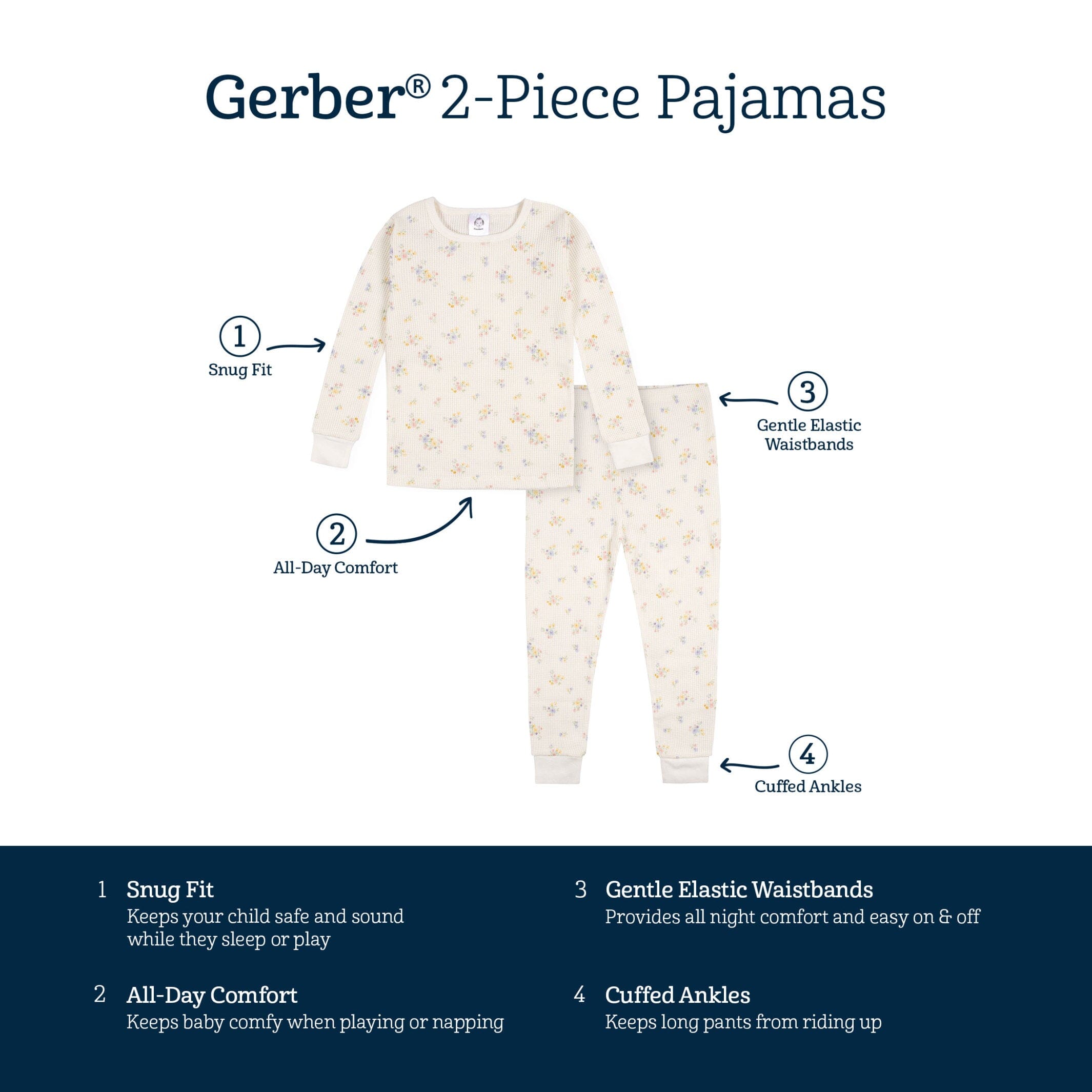 2-Piece Baby & Toddler Girls Ivory Floral Snug Fit Pajama Set