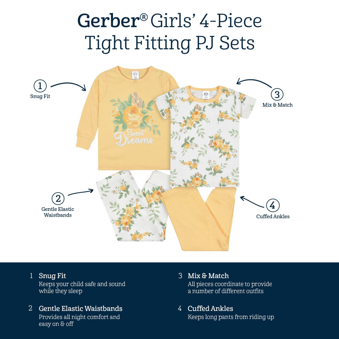 4-Piece Infant & Toddler Girls Golden Flowers Snug Fit Cotton Pajamas