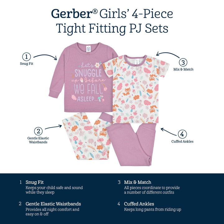 4-Piece Infant & Toddler Girls Purple Woodland Snug Fit Cotton Pajamas