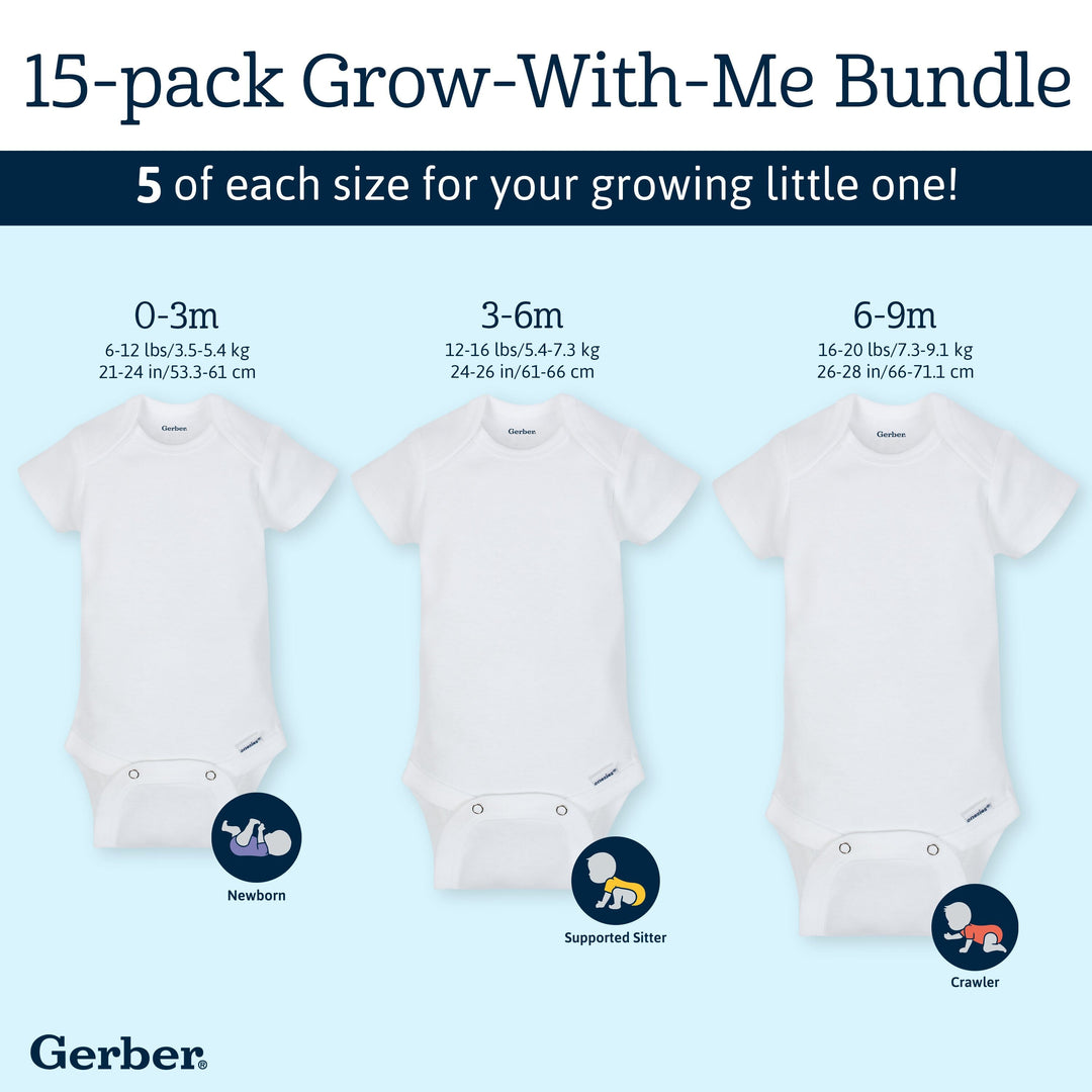 15-Pack Grow-With-Me White Short Sleeve Onesies® Bodysuit Assorted Size Set-Gerber Childrenswear