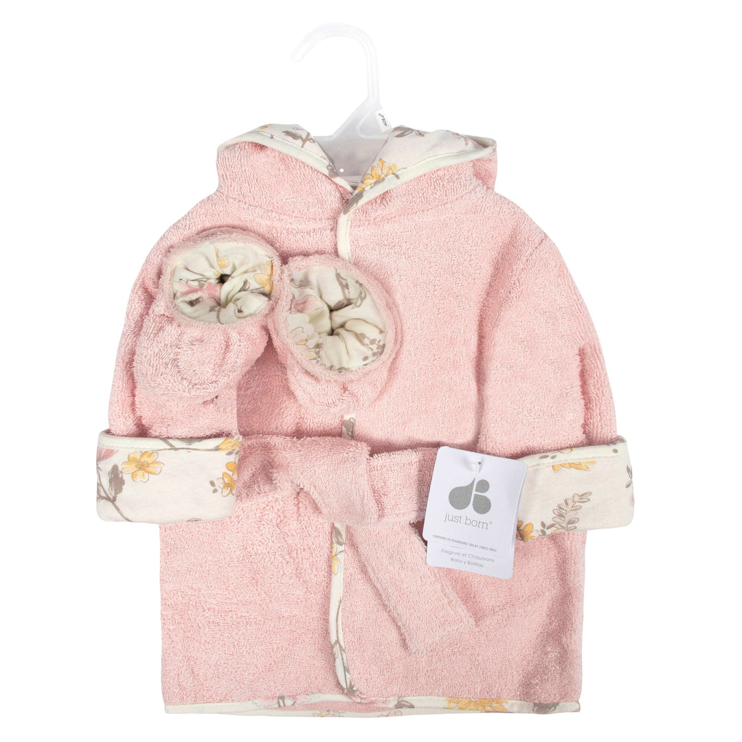 Embroidered 2-Piece Baby Girls Vintage Floral Bathrobe & Booties Set (0-9M)
