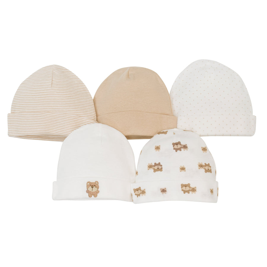 5-Pack Neutral Brown Bear Caps-Gerber Childrenswear