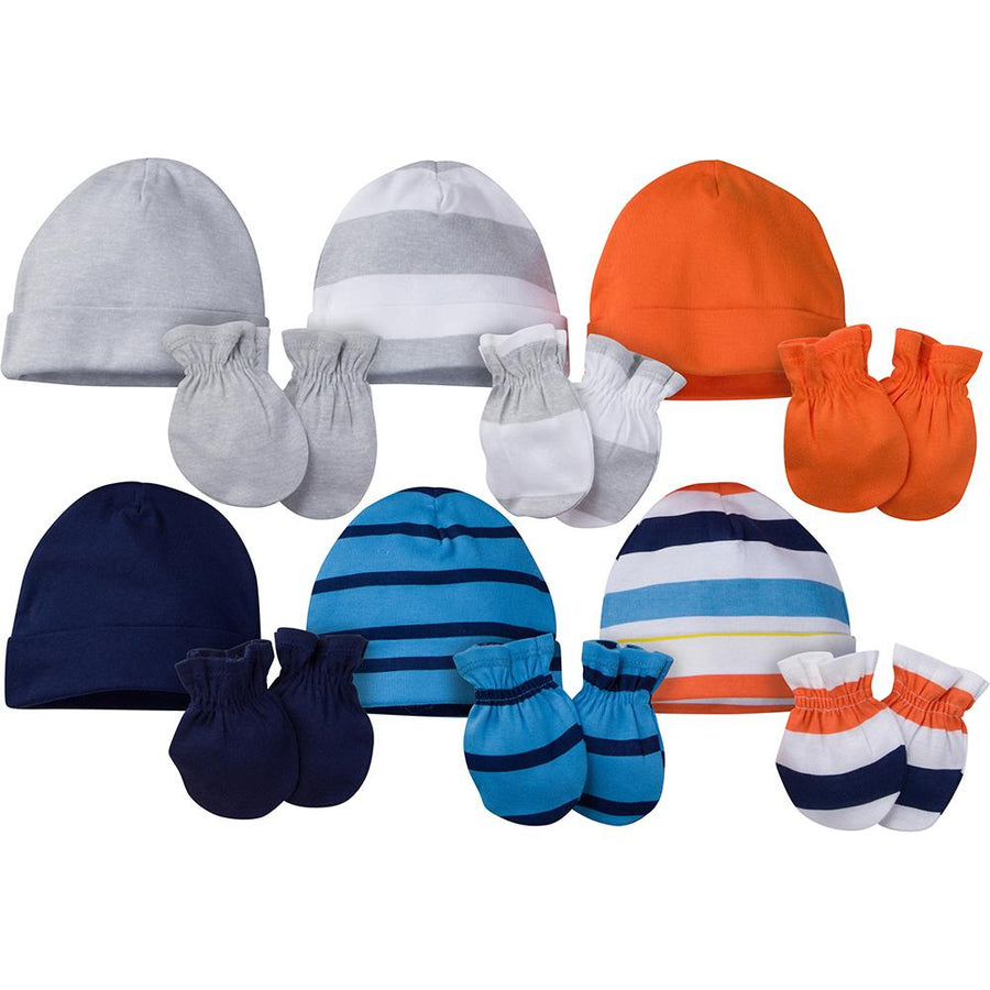12-Piece Baby Boy Navy & Orange Cap and Mitten Set