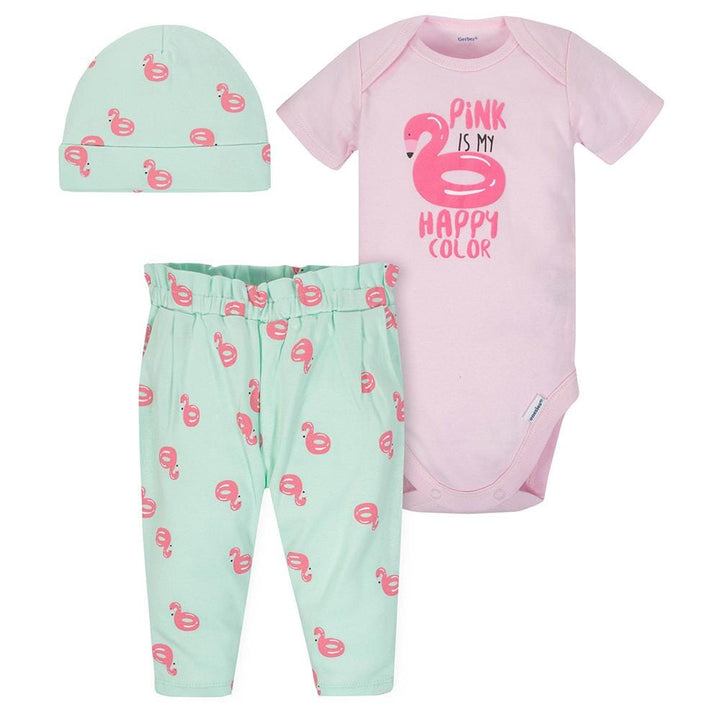 3-Piece Baby Girls Flamingo Bodysuit & Pants Set-Gerber Childrenswear