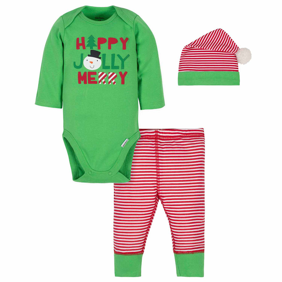3-Piece Baby Jolly Holiday Bodysuit, Pant, & Cap Set-Gerber Childrenswear