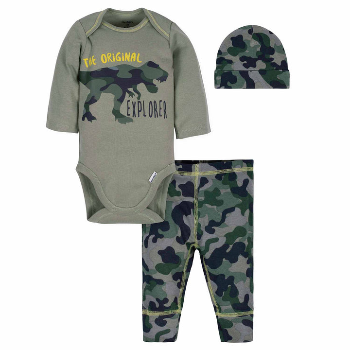 3-Piece Baby Boys Dinosaur Bodysuit, Pant, & Cap Set-Gerber Childrenswear