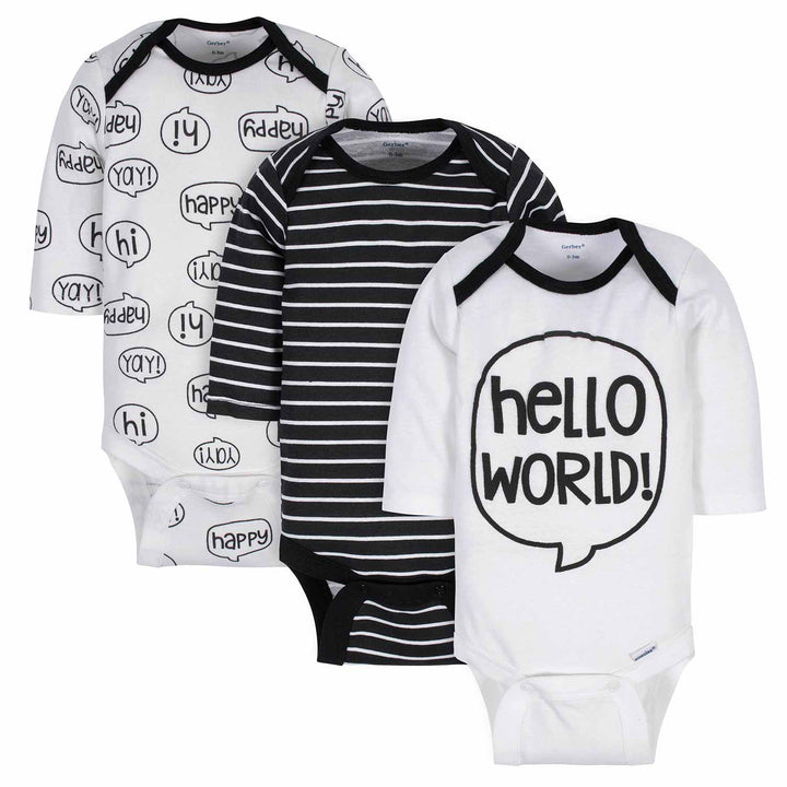 3-Pack Baby Boys "Hello" Long Sleeve Onesies® Bodysuits-Gerber Childrenswear