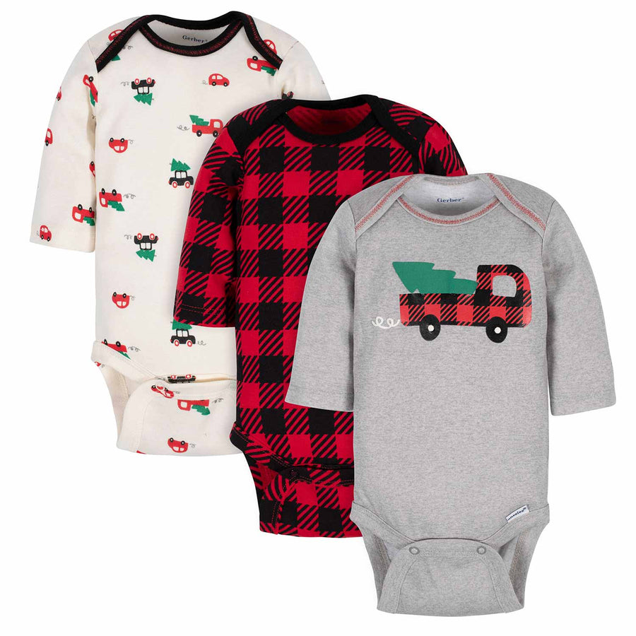 3-Pack Baby Boys Trees, Trucks, and Plaid Long Sleeve Onesies® Bodysuits-Gerber Childrenswear