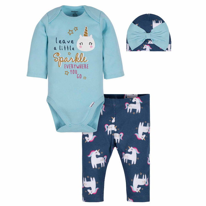 3-Piece Baby Girls Unicorn Bodysuit, Pant, & Cap Set-Gerber Childrenswear