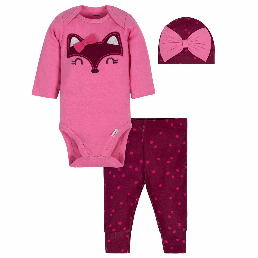 3-Piece Baby Girls Fox Bodysuit, Pant, & Cap Set-Gerber Childrenswear