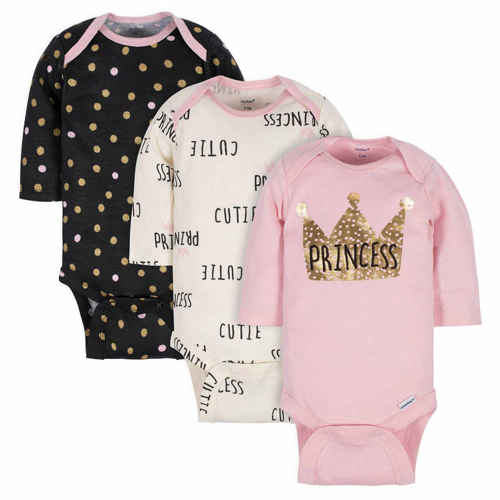 3-Pack Baby Girls Princess Long Sleeve Onesies® Bodysuits-Gerber Childrenswear