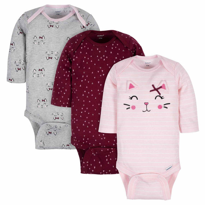3-Pack Baby Girls Kitty Long Sleeve Onesies® Bodysuits-Gerber Childrenswear
