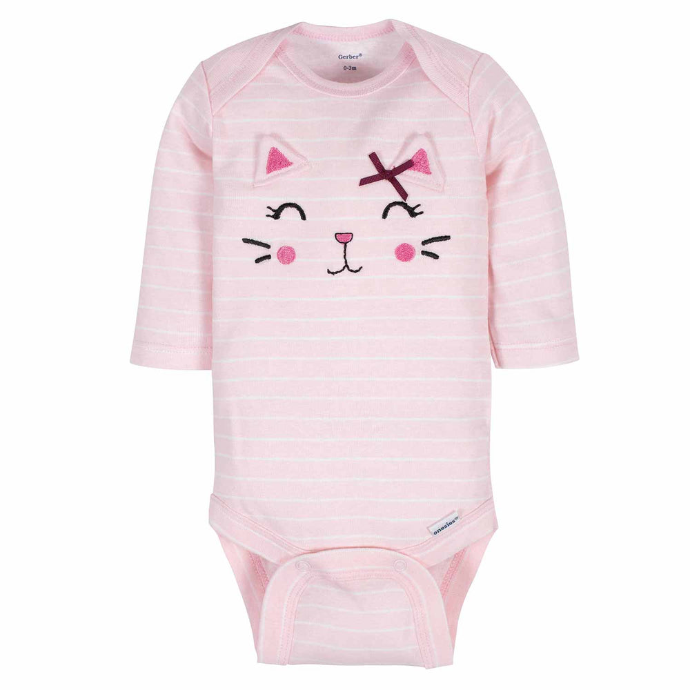 3-Pack Baby Girls Kitty Long Sleeve Onesies® Bodysuits-Gerber Childrenswear