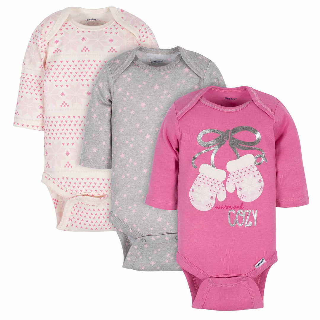 3-Pack Baby Girls Cozy Winter Long Sleeve Onesies® Bodysuits-Gerber Childrenswear