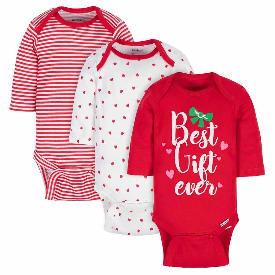 3-Pack Baby Girls Holiday Gift Long Sleeve Onesies® Bodysuits-Gerber Childrenswear