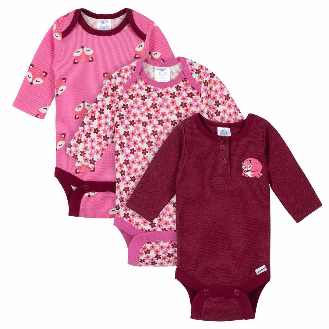3-Pack Baby Girls Fox Thermal Long Sleeve Onesies® Bodysuits-Gerber Childrenswear