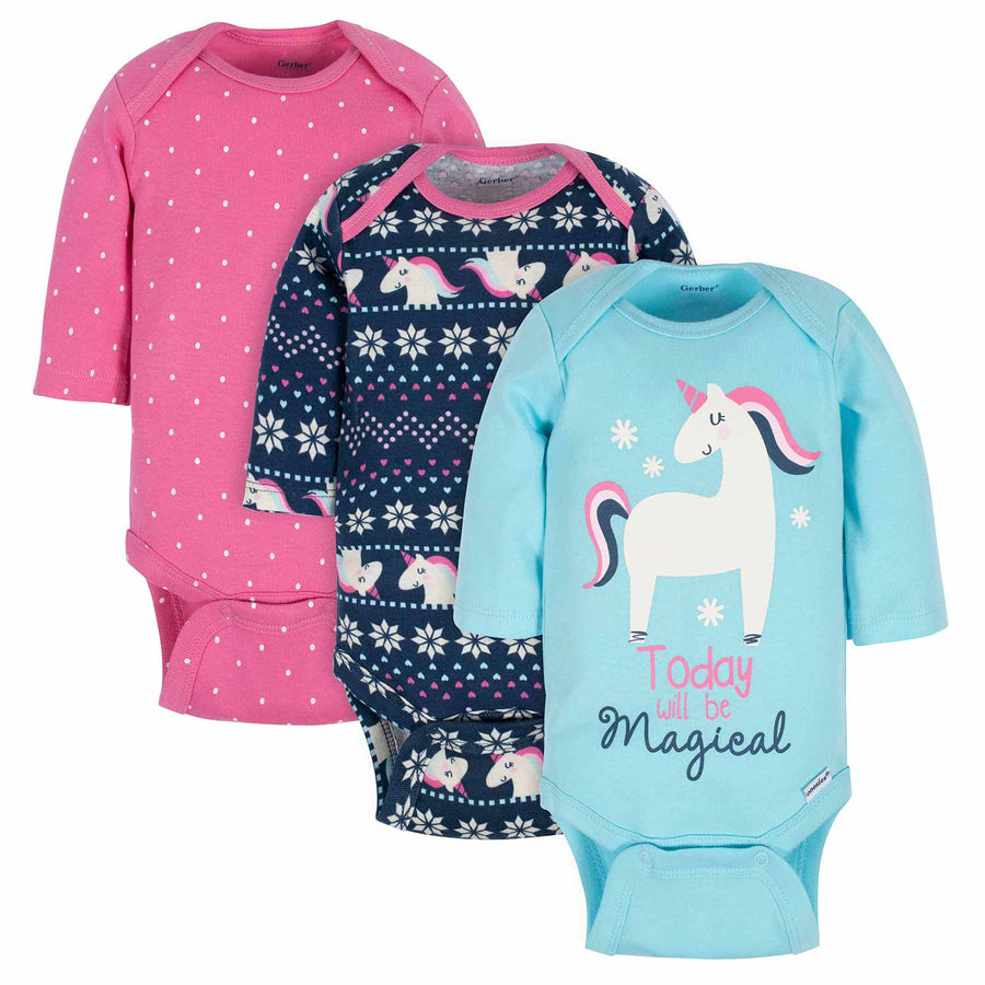 3-Pack Baby Girls Unicorn Long Sleeve Onesies® Bodysuits-Gerber Childrenswear