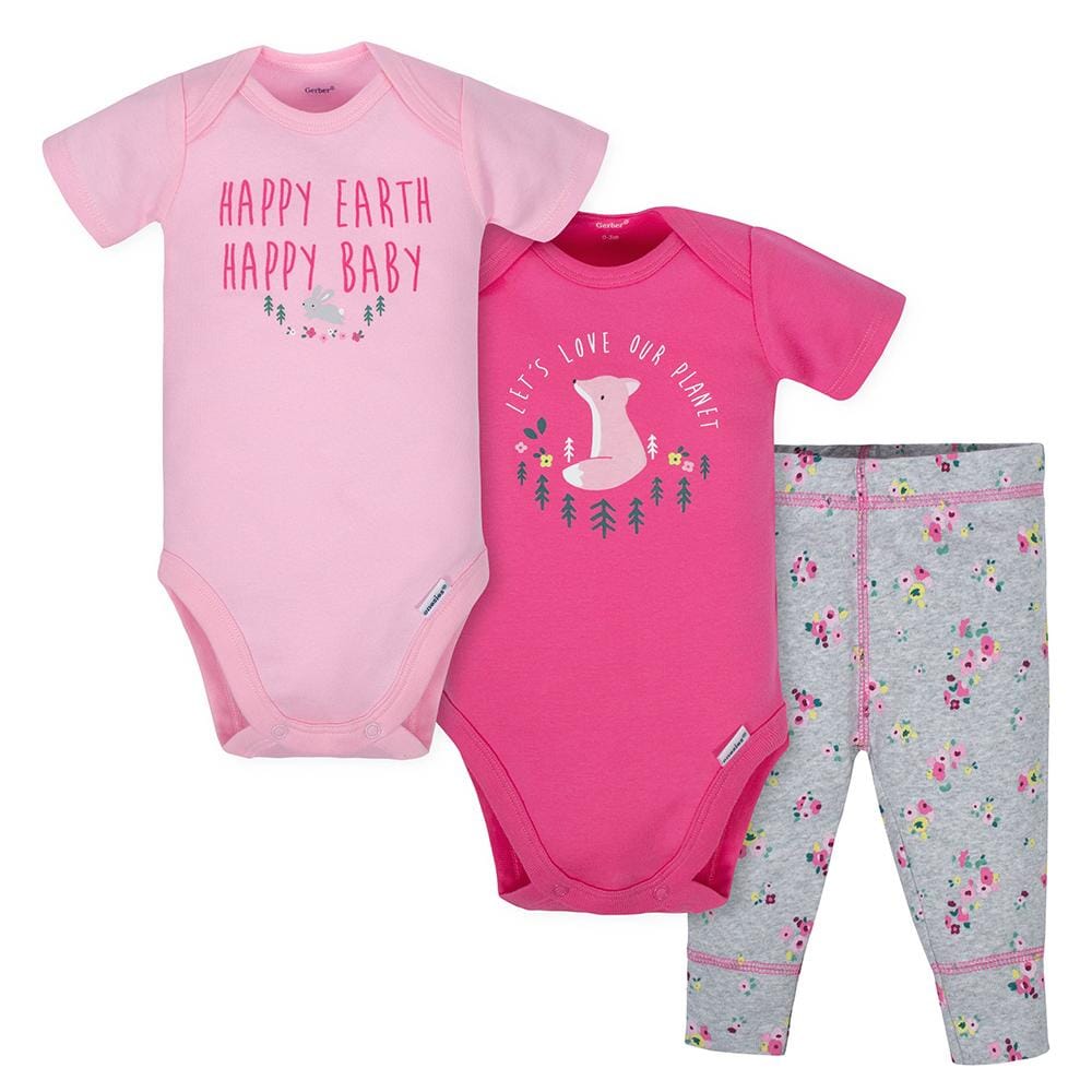 3-Piece Baby Girls Happy Earth Bodysuits & Pant Set-Gerber Childrenswear
