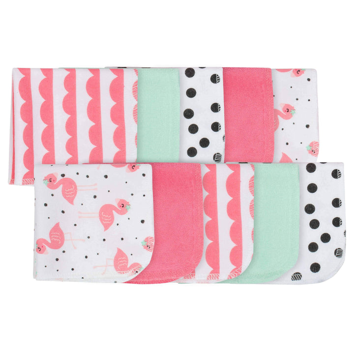 12-Piece Girls Terry Hooded Towel and Washcloth Set - Flamingo-Gerber Childrenswear