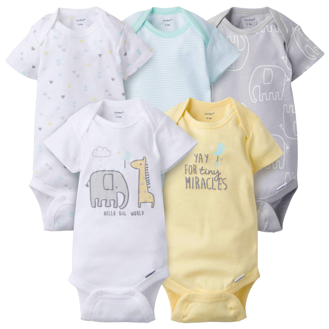 5-Pack Baby Neutral Elephant Short Sleeve Onesies® Bodysuits