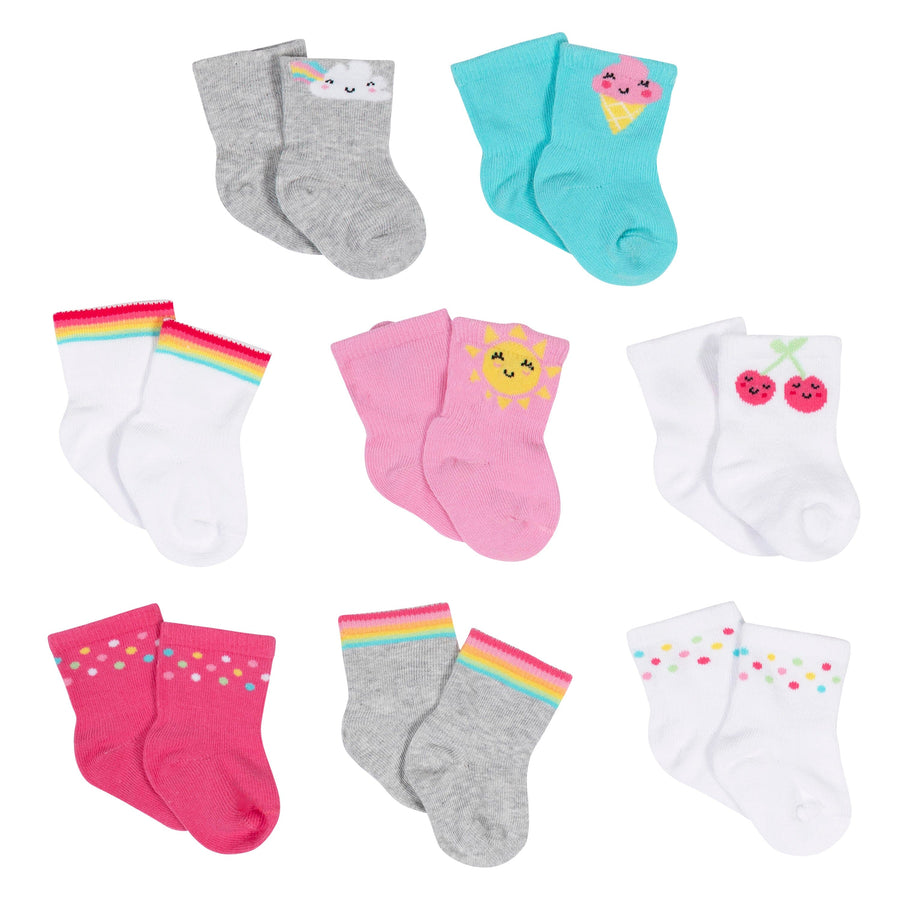 8-Pack Baby Girls' Rainbow Wiggle-Proof® Jersey Crew Socks-Gerber Childrenswear