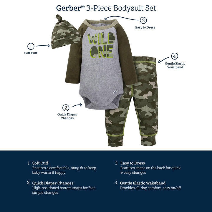 3-Piece Baby Boys Comfy Camo Onesies® Bodysuit, Pant, & Cap Set-Gerber Childrenswear