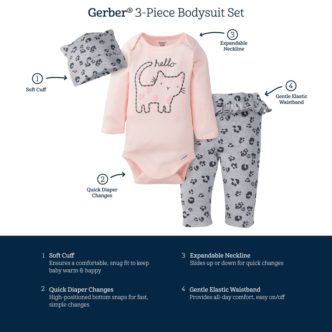 3-Piece Baby Girls Purrfectly Cute Onesies® Bodysuit, Pant, & Cap Set-Gerber Childrenswear