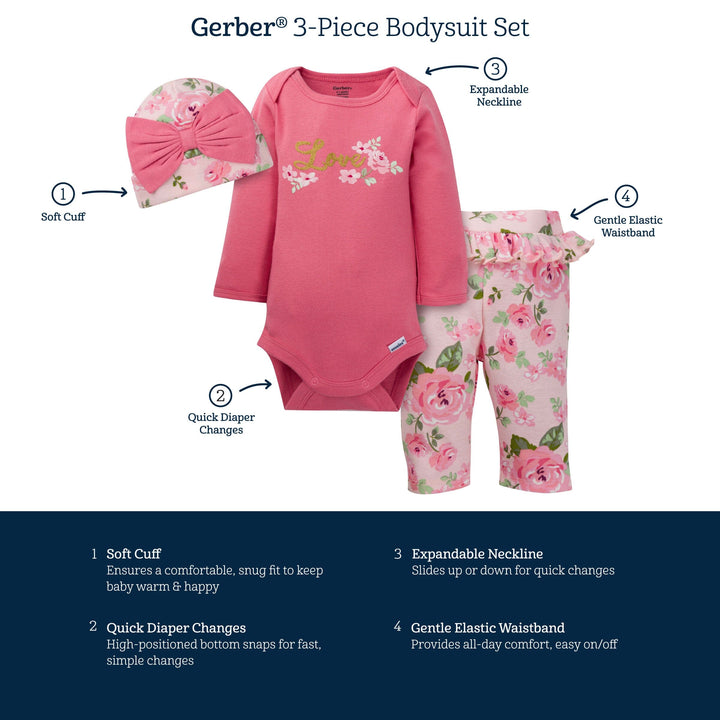 3-Piece Baby Girls Feelin' Floral Onesies® Bodysuit, Pant, & Cap Set-Gerber Childrenswear