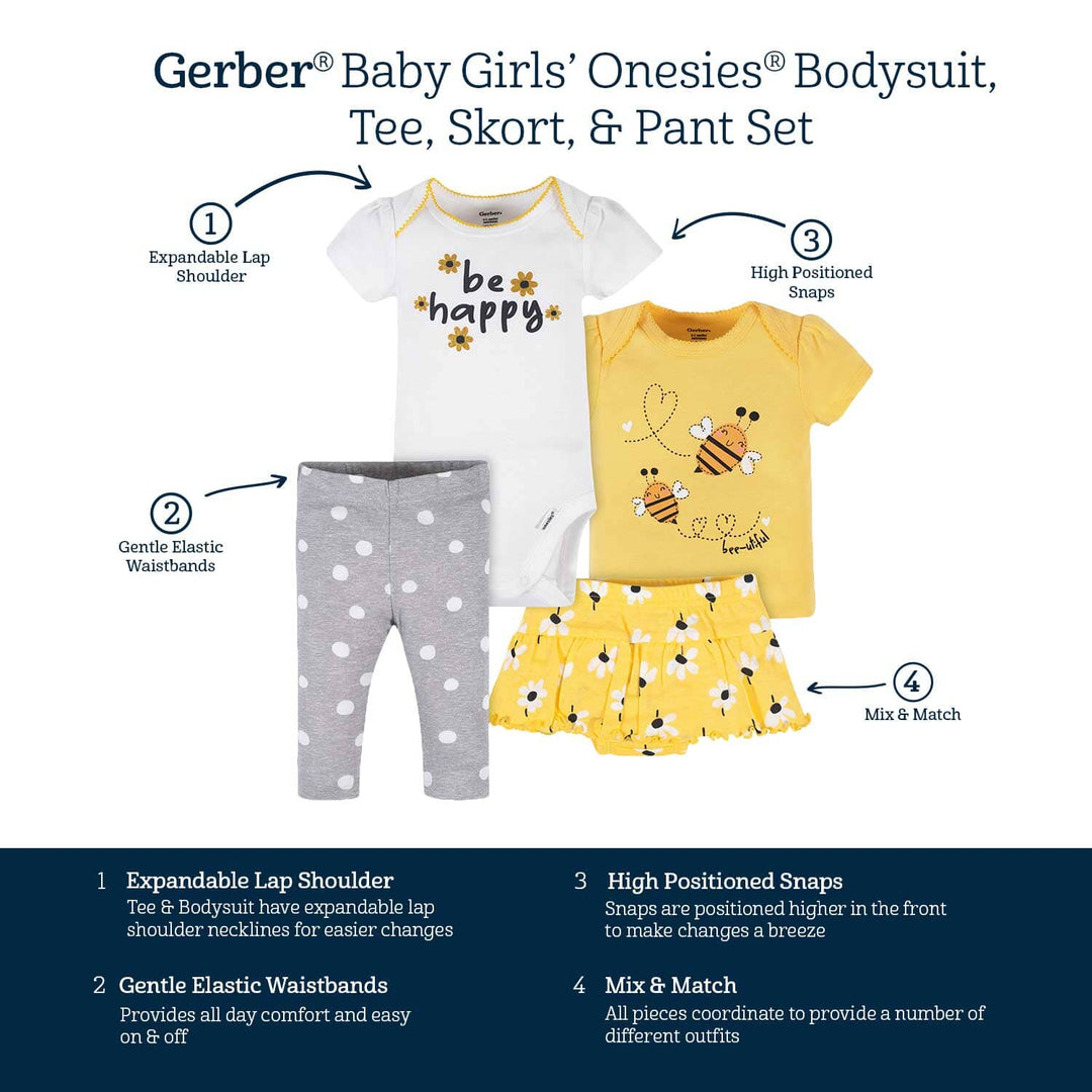 4-Piece Baby Girls Bee Garden Onesies® Bodysuit, Tee, Skort & Pant Set