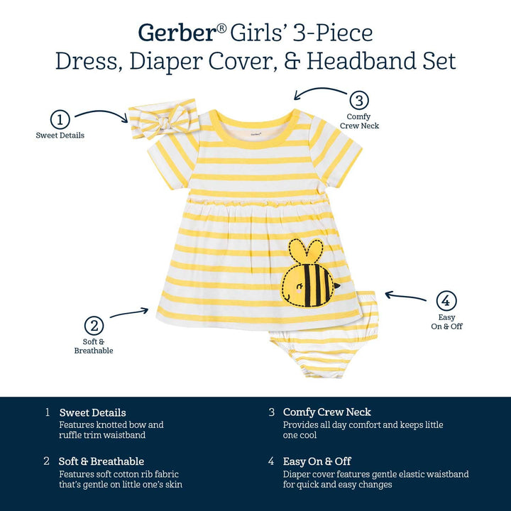 3-Piece Baby & Toddler Girls Bee Garden Dress, Diaper Cover & Headband Set