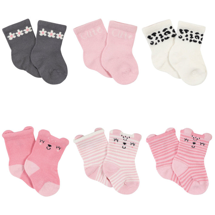 6-Pack Baby Girls Leopard Wiggle-Proof™ Jersey Crew Socks-Gerber Childrenswear