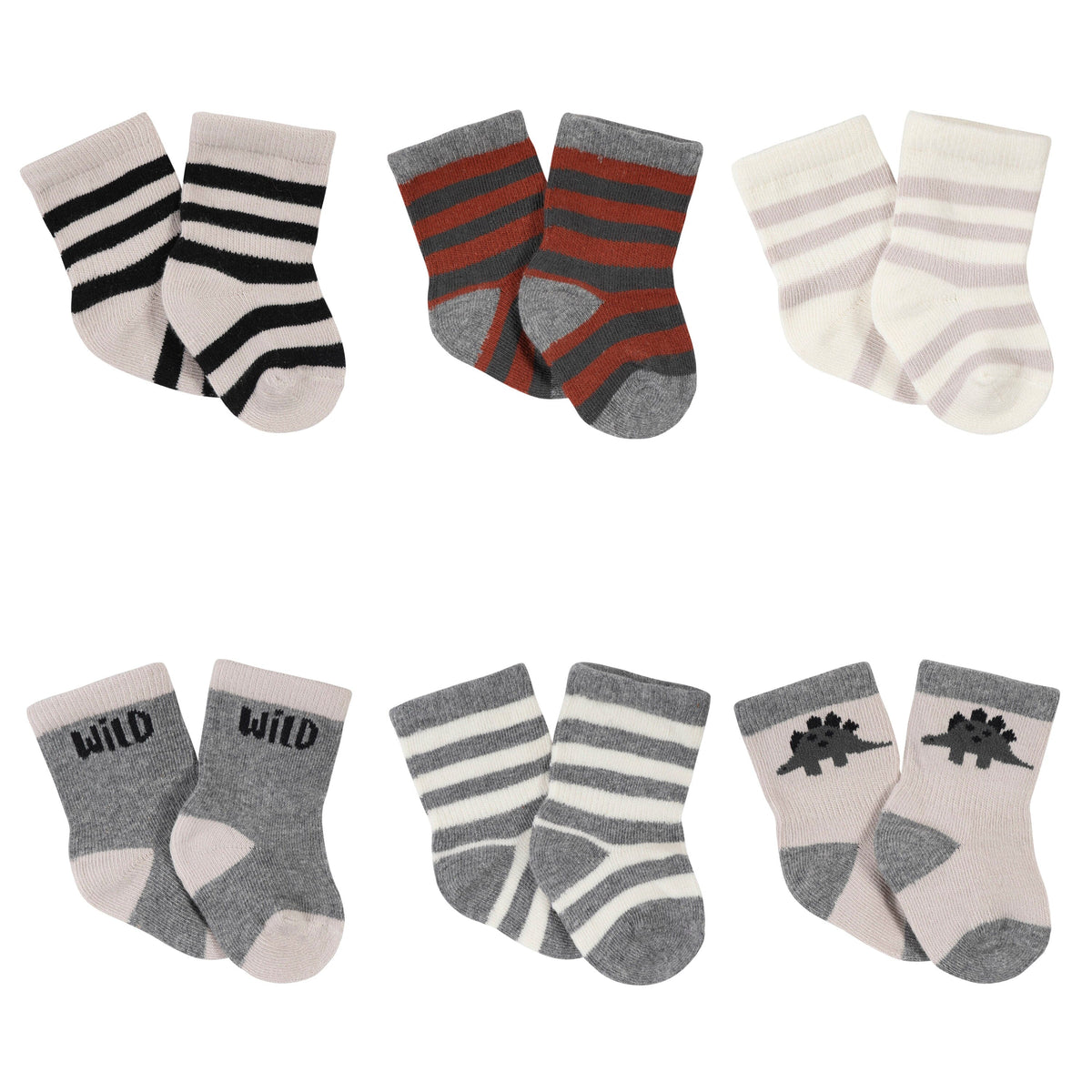 6-Pack Baby Boys Dino Wiggle-Proof™ Jersey Crew Socks-Gerber Childrenswear