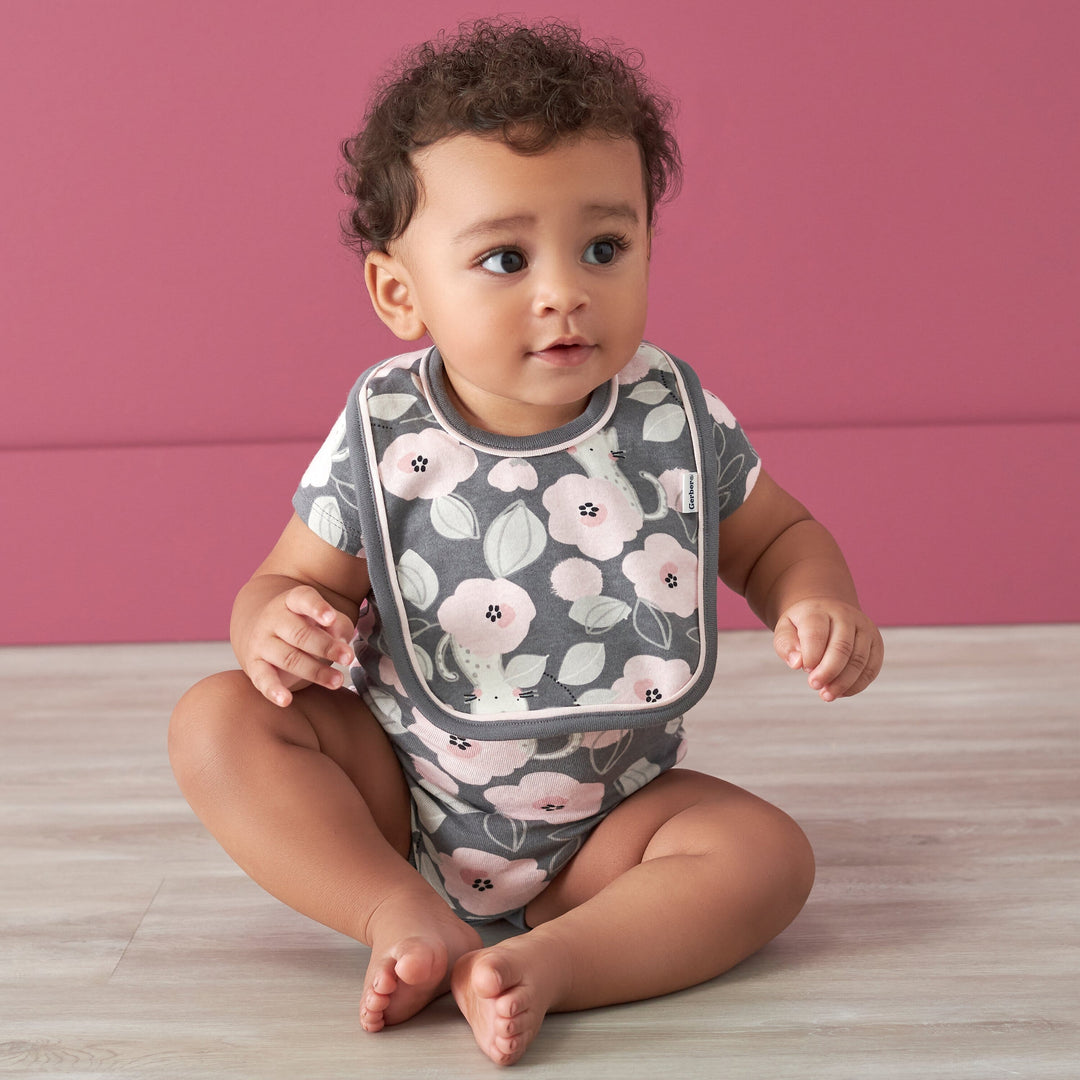 3-Piece Baby Girls Comfy Stretch Floral Leopard Bib & Burps Set-Gerber Childrenswear