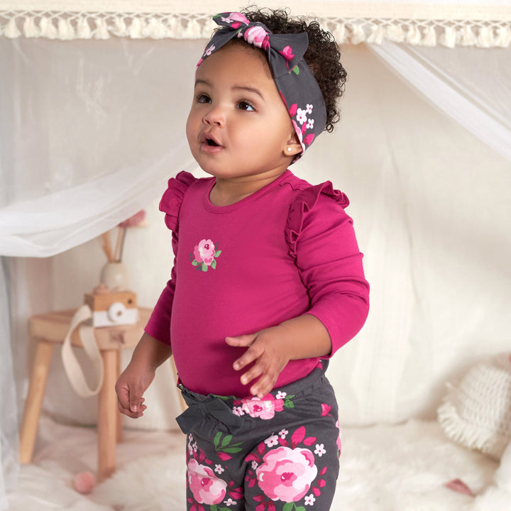 3-Piece Baby Girls Burgundy Garden Onesies® Bodysuit, Pants & Headband Set-Gerber Childrenswear