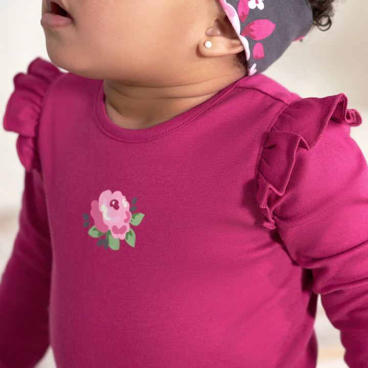 3-Piece Baby Girls Burgundy Garden Onesies® Bodysuit, Pants & Headband Set-Gerber Childrenswear