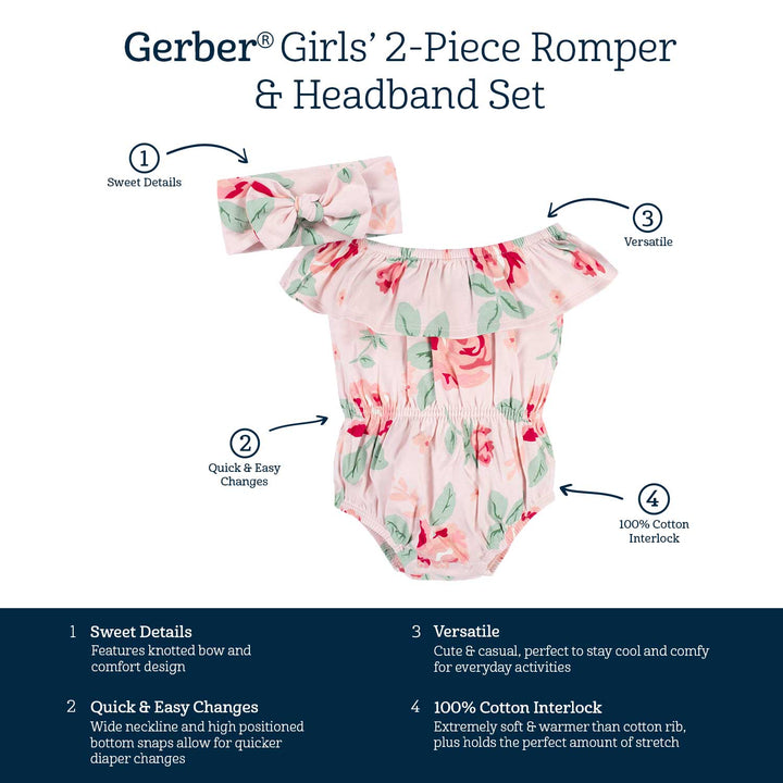 2-Piece Baby Girls Pink Garden Wide Neck Romper & Headband Set