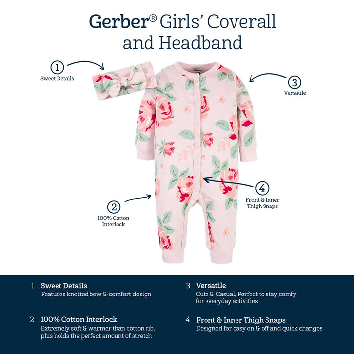 2-Piece Baby Girls Pink Garden Coverall & Headband Set