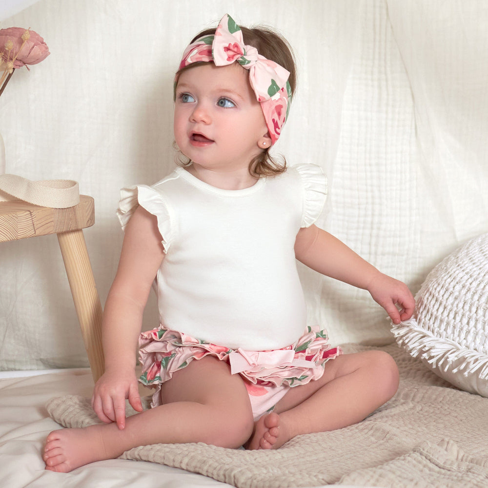 3-Piece Baby Girls Pink Garden Onesies® Bodysuit, Diaper Cover & Headband Set-Gerber Childrenswear