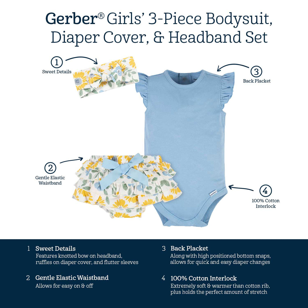 3-Piece Baby Girls Sunny Garden Onesies® Bodysuit, Diaper Cover & Headband Set