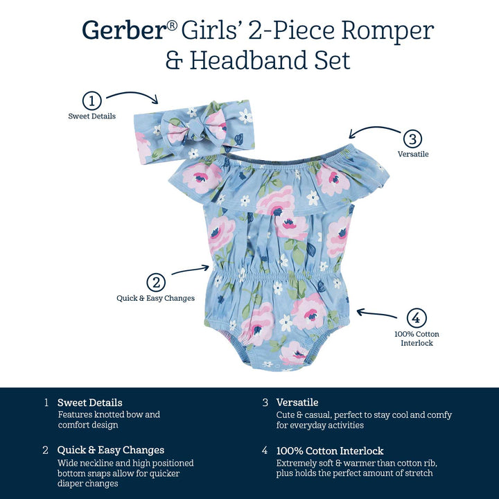 2-Piece Baby Girls Periwinkle Garden Wide Neck Romper & Headband Set